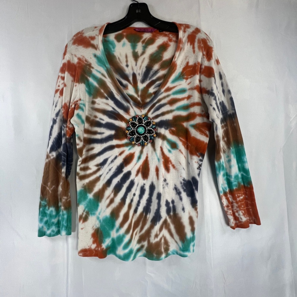 IDI by Mathew Tie Dye V-Neck Top Long Sleeve Jeweled Medallion Orange Teal L